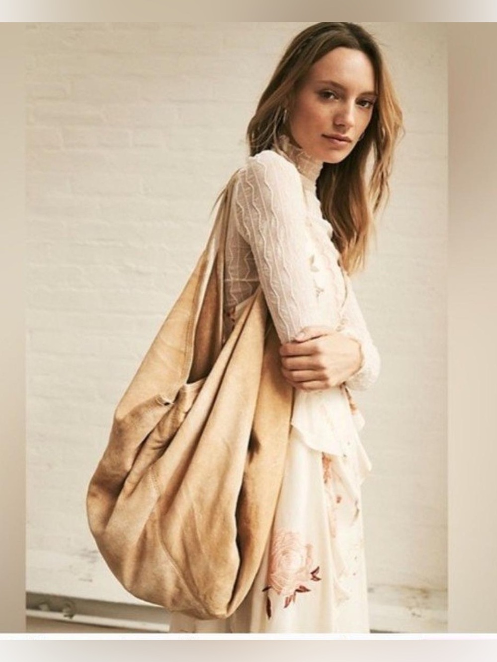 ✨💛 Free People Sun Faded Suede Tote 🤍 Ivory Beige Slouchy Hobo Shoulder Bag